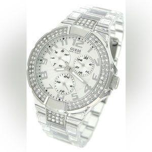 EUC Guess Women's U11656L1 Clear Plastic Quartz Watch with Silver Dial